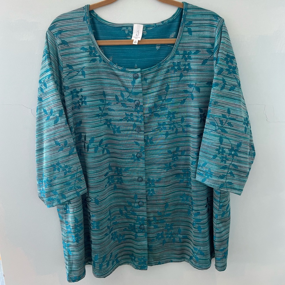 Floral & Stripe Shimmery Cardigan Aqua, Silver, Blk 2X Jones Of New York NWOT